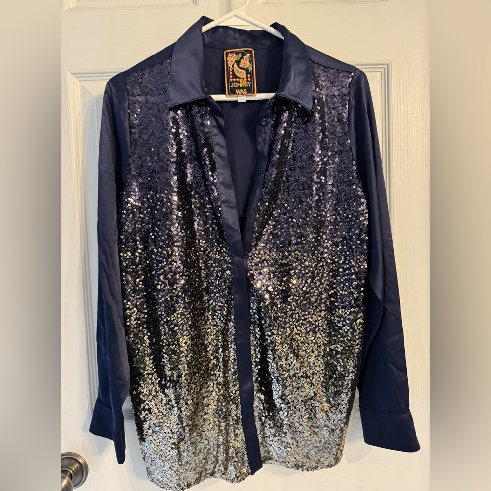 NWOT SMALL Johnny Was Navy Sequin Button-Up Top